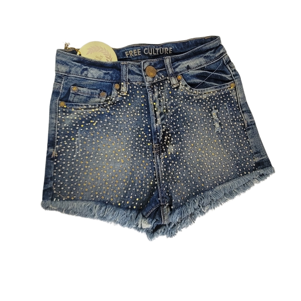 Blue Denim Shorts with Gold Accents